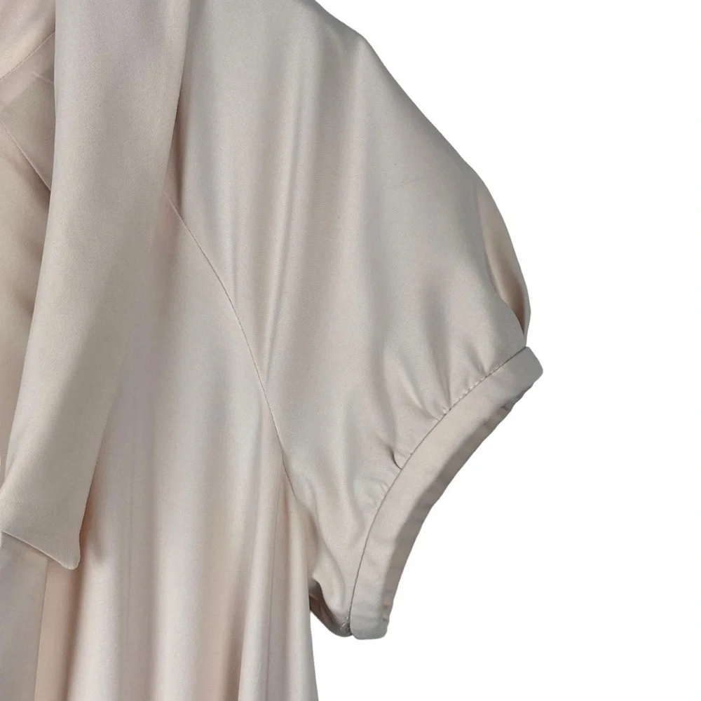 GAL MEETS GLAM ELEANOR PUFF SLEEVE TIE WAIST CREAM SATIN TWILL DRESS